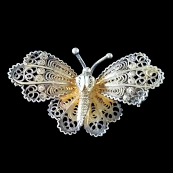 Vintage Mid-Century Gold Vermeil Overlay Filigree Butterfly Brooch/Pin - Picture 3 of 9
